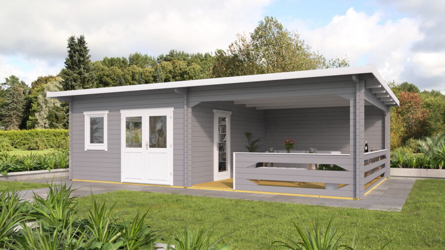 Gartenhaus Chiara 5x5 m + 4 m Schleppdach mit Geländer / 70mm