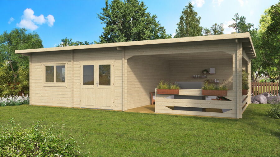 Gartenhaus Chiara 6x5 m + 4 m Schleppdach mit Geländer / 70mm