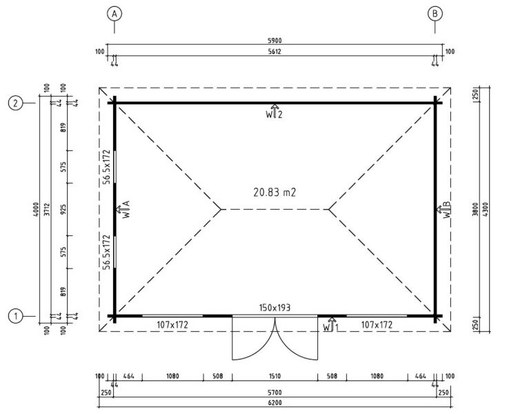 Gartenhaus NICOLE, 590x400 cm ISO (A), 44 mm Doppelnut, inkl. Boden