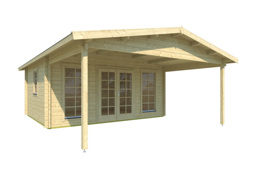 Gartenhaus AUGSBURG 2; 500x400 cm ISO (A); 44 mm Doppelnut; inkl. Boden und 300 cm Vordach