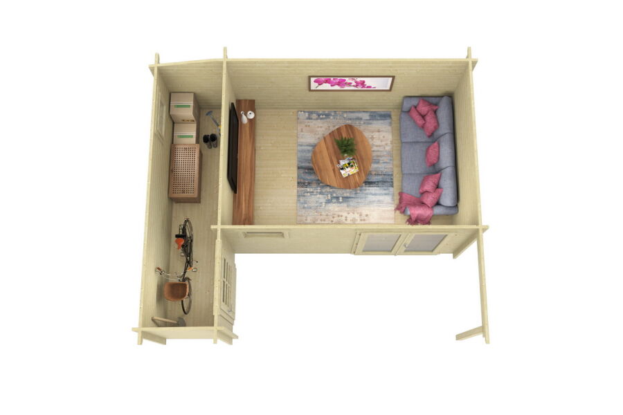Gartenhaus BENNO PLUS 530x450 cm ISO (A); 44 mm Doppelnut; Anbau links, inklusive Boden; 2-Raum-Haus