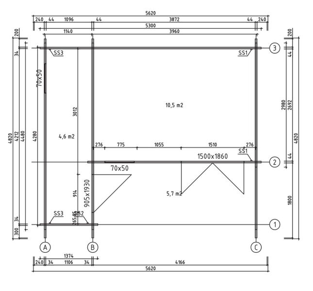 Gartenhaus BENNO PLUS 530x450 cm ISO (A); 44 mm Doppelnut; Anbau links, inklusive Boden; 2-Raum-Haus