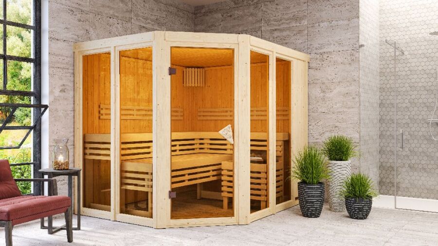 Karibu Sauna AINUR 3 (Eckeinstieg) / kein Dachkranz / Ofen 9 KW externe Strg easy