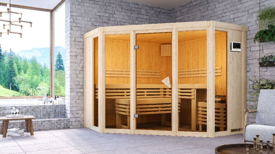 Sauna ALCINDA 2 Ganzglas (Fronteinstieg) / kein Dachkranz / Ofen 9 kW Bio externe Strg easy