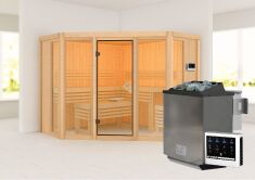 Sauna ALCINDA 2 Ganzglas (Fronteinstieg) / kein Dachkranz / Ofen 9 kW Bio externe Strg easy