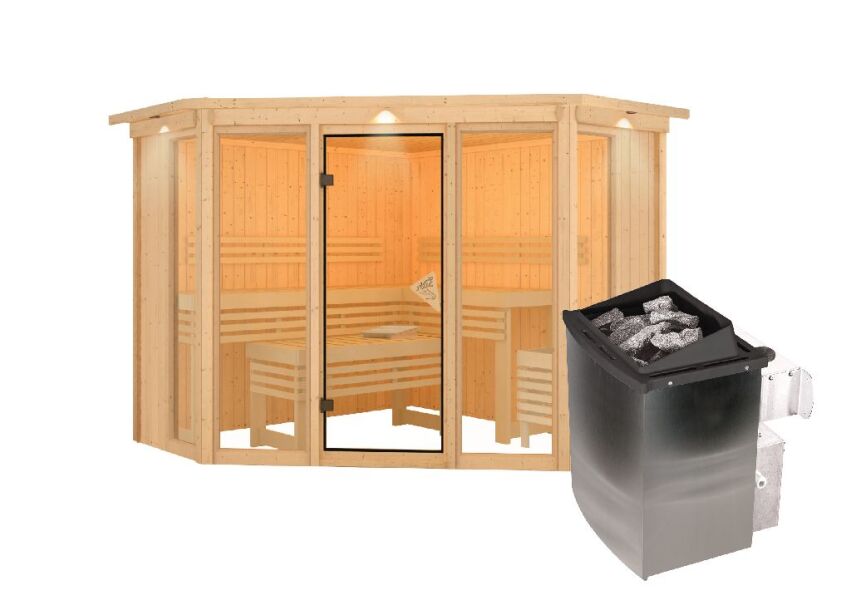 Sauna ALCINDA 2 Ganzglas (Fronteinstieg) / inkl. Dachkranz / inkl. Ofen 9 kW integr. Strg