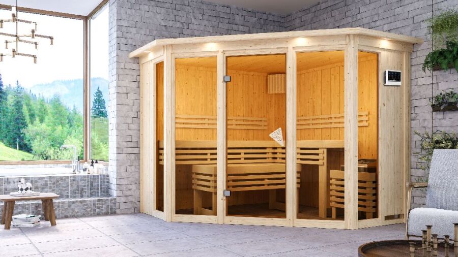 Sauna ALCINDA 2 Ganzglas (Fronteinstieg) / inkl. Dachkranz / Ofen 9 kW Bio externe Strg easy