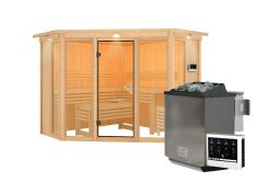 Sauna ALCINDA 2 Ganzglas (Fronteinstieg) / inkl. Dachkranz / Ofen 9 kW Bio externe Strg easy