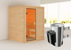 38mm Massivholzsauna SANDRA (Fronteinstieg) / kein Dachkranz / Ofen 3,6 kW intgr. Strg