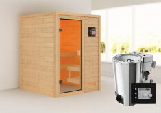 38mm Massivholzsauna SANDRA (Fronteinstieg) / kein Dachkranz / Ofen 3,6 kW Bio-Ofen externe Strg. Modern
