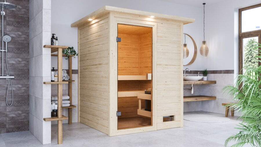 4010090061610 - 38mm Massivholzsauna SANDRA (Fronteinstieg)   inkl Dachkranz   ohne Ofen
