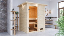 38mm Massivholzsauna SANDRA (Fronteinstieg) / inkl. Dachkranz / ohne Ofen