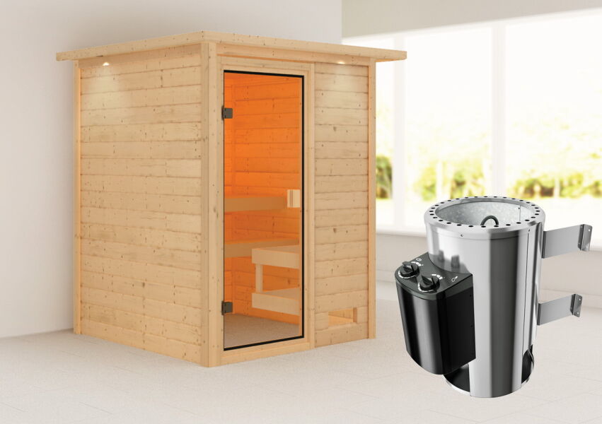 38mm Massivholzsauna SANDRA (Fronteinstieg) / inkl. Dachkranz / Ofen 3,6 kW intgr. Strg