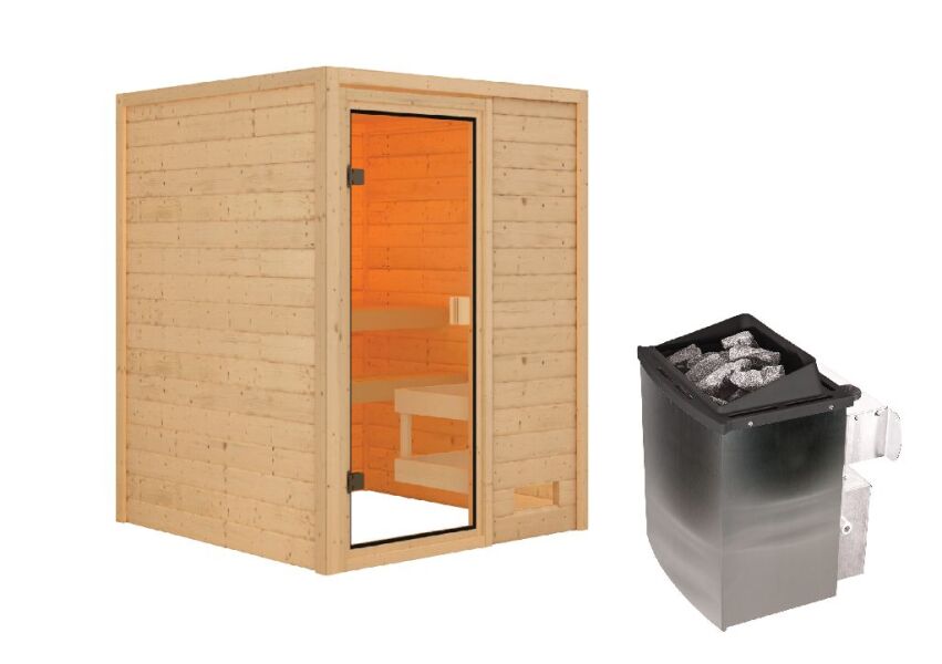 38mm Massivholzsauna SANDRA (Fronteinstieg) / kein Dachkranz / Ofen 9 kW integr. Strg