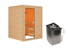 38mm Massivholzsauna SANDRA (Fronteinstieg) / kein Dachkranz / Ofen 9 kW integr. Strg