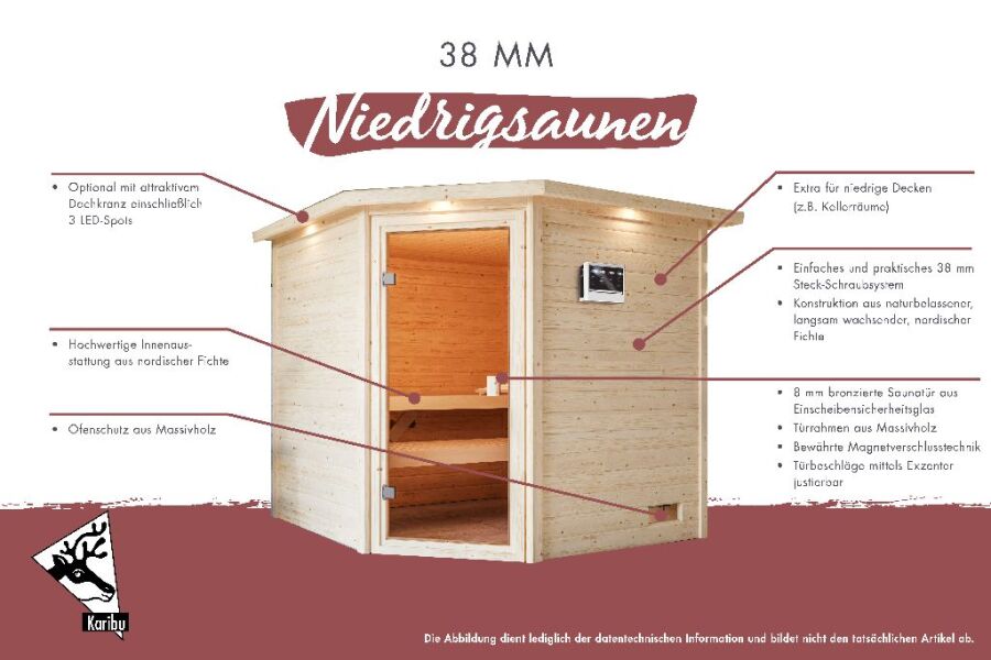 38mm Massivholzsauna SANDRA (Fronteinstieg) / kein Dachkranz / Ofen 9 kW Bio externe Strg easy