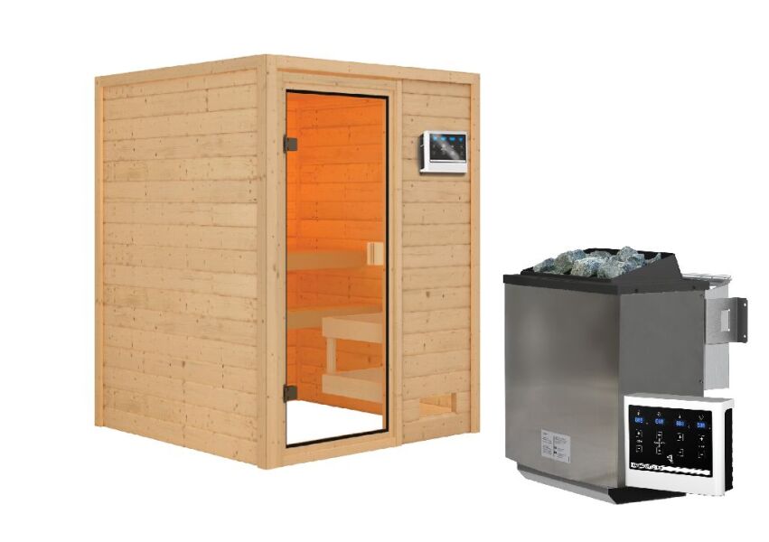 38mm Massivholzsauna SANDRA (Fronteinstieg) / kein Dachkranz / Ofen 9 kW Bio externe Strg easy
