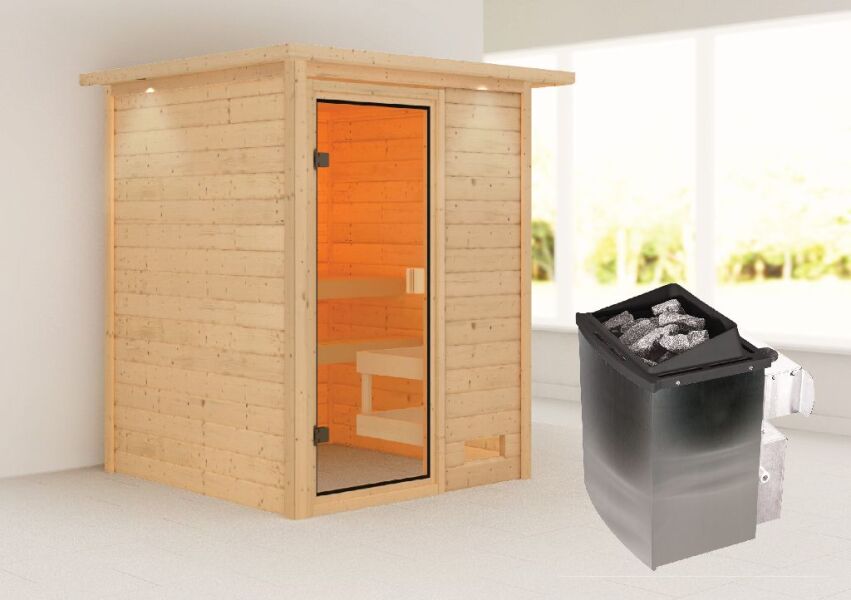 38mm Massivholzsauna SANDRA (Fronteinstieg) / inkl. Dachkranz / Ofen 9 kW integr. Strg