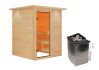 38mm Massivholzsauna SANDRA (Fronteinstieg) / inkl. Dachkranz / Ofen 9 kW integr. Strg
