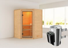 38mm Massivholzsauna ANTONIA (Eckeinstieg) / kein Dachkranz / Ofen 3,6 kW intgr. Strg