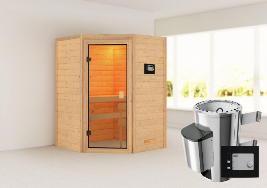 4010090067186 - 38mm Massivholzsauna ANTONIA (Eckeinstieg)   kein Dachkranz   Ofen 36 kW externe Strgmodern