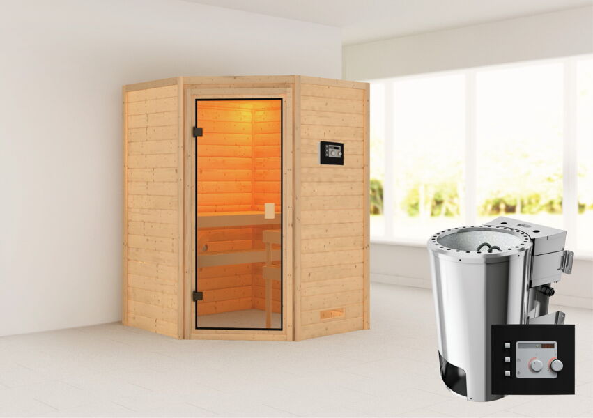 38mm Massivholzsauna ANTONIA (Eckeinstieg) / kein Dachkranz / Ofen 3,6 kW Bio-Ofen externe Strg. Modern