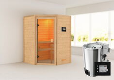 38mm Massivholzsauna ANTONIA (Eckeinstieg) / kein Dachkranz / Ofen 3,6 kW Bio-Ofen externe Strg. Modern