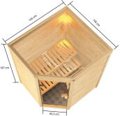 38mm Massivholzsauna ANTONIA (Eckeinstieg) / kein Dachkranz / Ofen 3,6 kW Bio-Ofen externe Strg. Modern