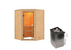 38mm Massivholzsauna ANTONIA (Eckeinstieg) / kein Dachkranz / Ofen 9 kW integr. Strg