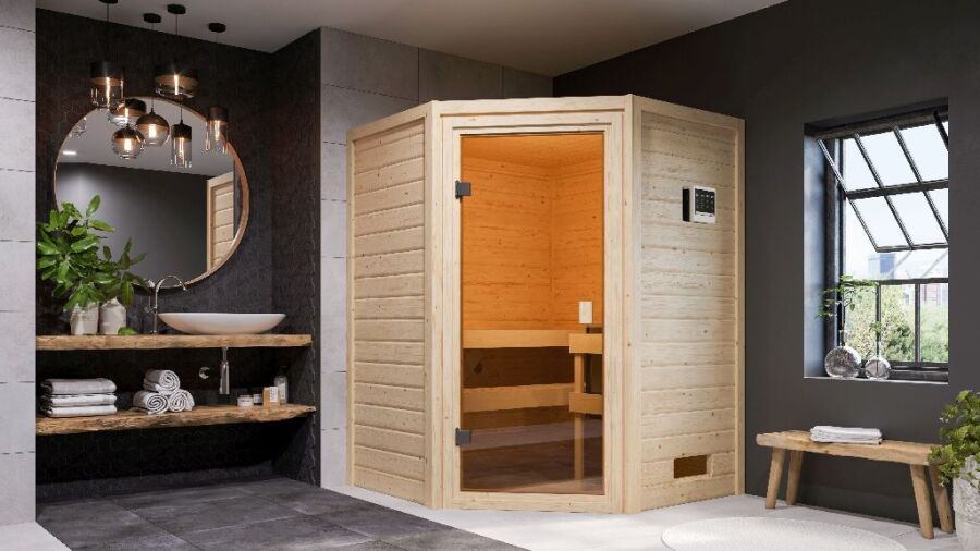 38mm Massivholzsauna ANTONIA (Eckeinstieg) / kein Dachkranz / Ofen 9 kW Bio externe Strg easy