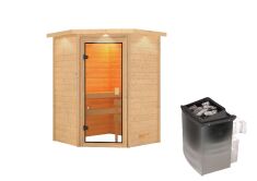 38mm Massivholzsauna ANTONIA (Eckeinstieg) / inkl. Dachkranz / Ofen 9 kW integr. Strg