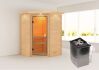 38mm Massivholzsauna ANTONIA (Eckeinstieg) / inkl. Dachkranz / Ofen 9 kW integr. Strg