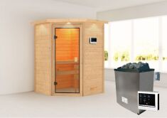 38mm Massivholzsauna ANTONIA (Eckeinstieg) / inkl. Dachkranz / Ofen 9 KW externe Strg easy