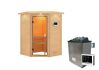 38mm Massivholzsauna ANTONIA (Eckeinstieg) / inkl. Dachkranz / Ofen 9 KW externe Strg easy