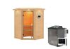 38mm Massivholzsauna ANTONIA (Eckeinstieg) / inkl. Dachkranz / Ofen 9 kW Bio externe Strg easy