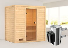 38mm Massivholzsauna SELENA (Fronteinstieg) / kein Dachkranz / Ofen 3,6 kW intgr. Strg