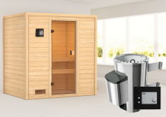 38mm Massivholzsauna SELENA (Fronteinstieg) / kein Dachkranz / Ofen 3,6 kW externe Strg.modern
