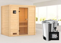 38mm Massivholzsauna SELENA (Fronteinstieg) / kein Dachkranz / Ofen 3,6 kW Bio-Ofen externe Strg. Modern