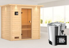 38mm Massivholzsauna SELENA (Fronteinstieg) / inkl. Dachkranz / Ofen 3,6 kW Bio-Ofen externe Strg. Modern