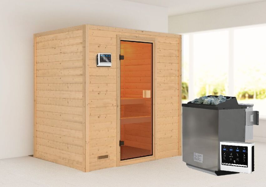 4010090067346 - 38mm Massivholzsauna SELENA (Fronteinstieg)   kein Dachkranz   Ofen 9 kW Bio externe Strg easy