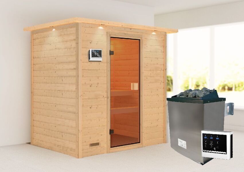 38mm Massivholzsauna SELENA (Fronteinstieg) / inkl. Dachkranz / Ofen 9 KW externe Strg easy