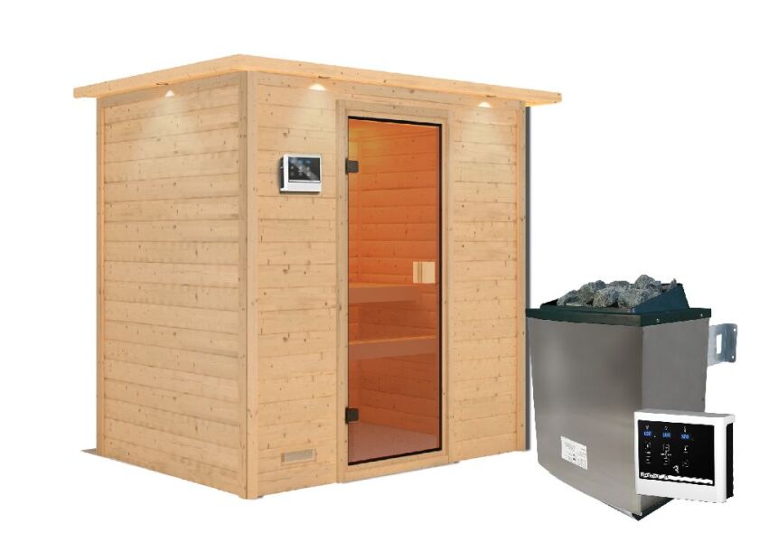 38mm Massivholzsauna SELENA (Fronteinstieg) / inkl. Dachkranz / Ofen 9 KW externe Strg easy