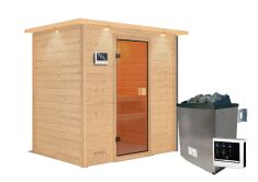 38mm Massivholzsauna SELENA (Fronteinstieg) / inkl. Dachkranz / Ofen 9 KW externe Strg easy