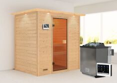 38mm Massivholzsauna SELENA (Fronteinstieg) / inkl. Dachkranz / Ofen 9 kW Bio externe Strg easy