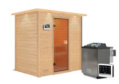 38mm Massivholzsauna SELENA (Fronteinstieg) / inkl. Dachkranz / Ofen 9 kW Bio externe Strg easy