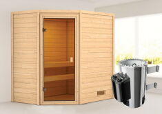 38mm Massivholzsauna JELLA (Eckeinstieg) / kein Dachkranz / Ofen 3,6 kW intgr. Strg