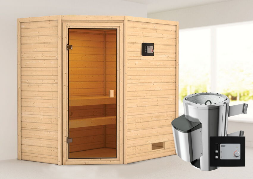 38mm Massivholzsauna JELLA (Eckeinstieg) / kein Dachkranz / Ofen 3,6 kW externe Strg.modern