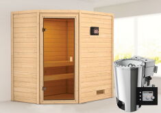 38mm Massivholzsauna JELLA (Eckeinstieg) / kein Dachkranz / Ofen 3,6 kW Bio-Ofen externe Strg. Modern