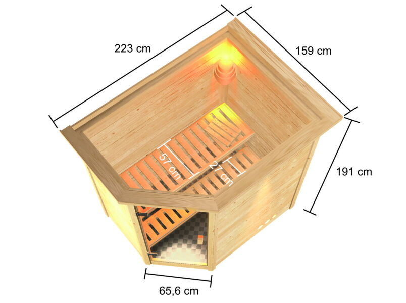 38mm Massivholzsauna JELLA (Eckeinstieg) / inkl. Dachkranz / ohne Ofen