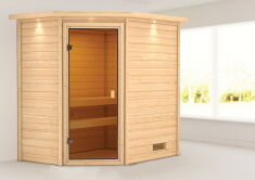 38mm Massivholzsauna JELLA (Eckeinstieg) / inkl. Dachkranz / ohne Ofen